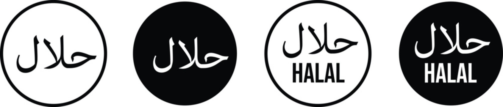 Black and white Halal certified logo set with Arabic calligraphy. Minimal thin line web icon set, Outline icons collection.