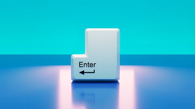 A single white Enter key with black lettering and an arrow sits centered on a reflective blue surface against a gradient teal backdrop keyboard computer technology digital