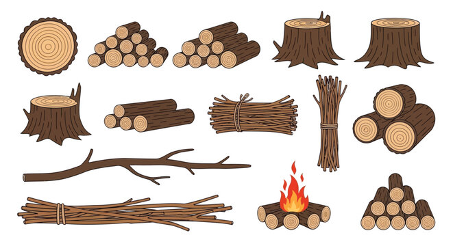 Collection of various wood elements logs stumps branches and a campfire