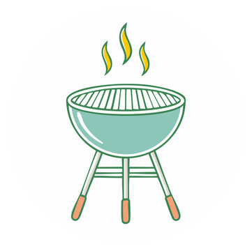 Simple line art icon of a classic barbecue grill with flames for a summer cookout