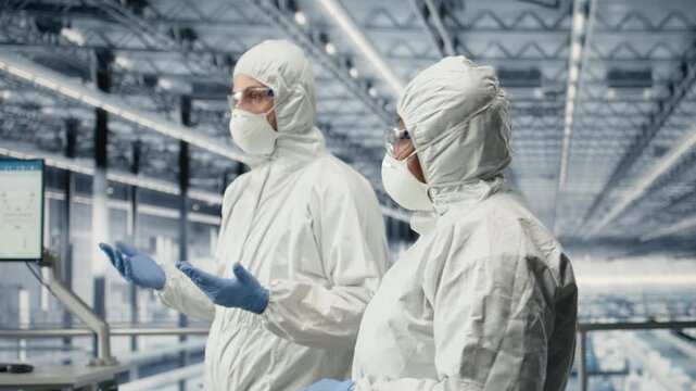 Engineering team reviewing semiconductors smart factory schematics, brainstorming. Technicians working together, overseeing hardware layouts using EDA software in industry 4.0 plant, camera A