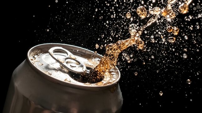 Macro Shot of Carbonated Beverage Splashing from Aluminum Can