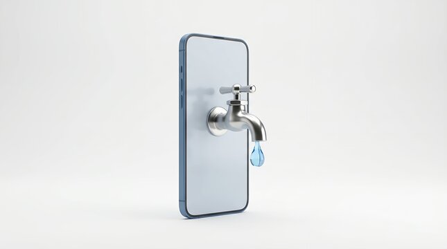 A metallic water tap is installed on a modern smartphone with a clear blue drop of water falling from its spout A symbolic image of data leakage or resource depletion 188 characters