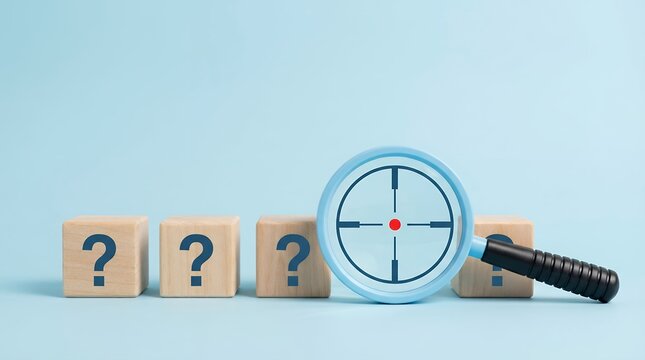 A magnifying glass with a crosshair overlaying several wooden cubes three of which display question marks symbolizing research and problem solving 171 characters target investigation
