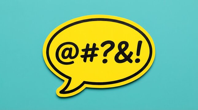 Yellow speech bubble with symbols representing frustration or confusion set against a turquoise background expletive curse words censorship profanity internet slang communication