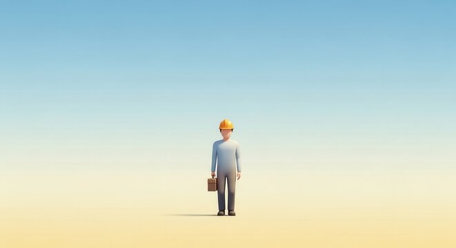 Minimalist 3D character in safety helmet holding briefcase in vast empty landscape blue sky