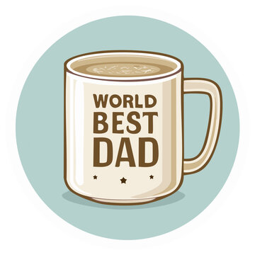 Ceramic Mug with World Best Dad Slogan and Stars, Illustration in Blue Circle, Coffee Cup with Inspirational Phrase