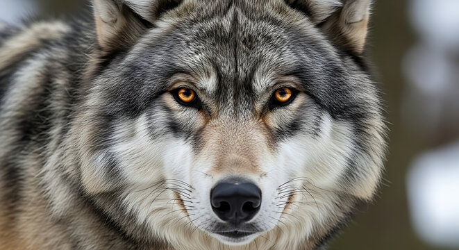 Gray wolf (Canis lupus) emerging from den in forest, Wolf in the forest up close. Wildlife scene from winter nature. Wild animal in the natural habitat