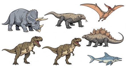 Collection of Prehistoric Dinosaur Illustrations and Creatures. © su