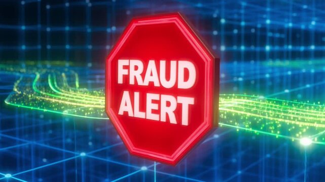 Digital fraud alert sign in futuristic cyberspace grid