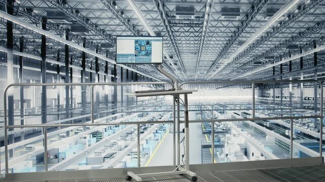 Developing advanced electronics, simulation software on display and empty microchip industry 4.0 plant. Optimizing semiconductor design, automation program technology and monitor