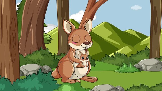 Cartoon Kangaroo with Joey in Pouch Standing in a Forest Landscape