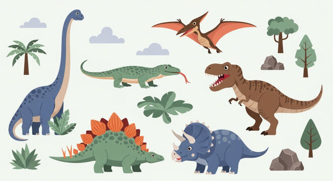 Collection of cartoon dinosaurs and prehistoric plants.