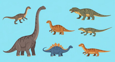 Collection of diverse prehistoric dinosaur species illustration. © su