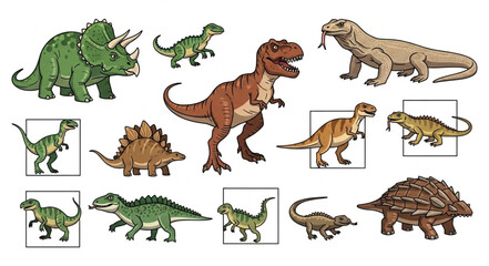 Collection of diverse prehistoric dinosaur species illustration. © su