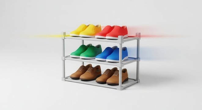 Vibrant and neatly organized footwear collection on a modern three-tier shoe rack with minimalist