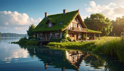 Obraz premium Idyllic countryside cottage with a living green roof nestled beside a serene lake at sunset.