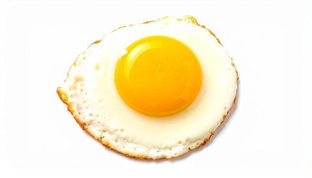 A single fried egg rests on a plain white background, its golden yolk glowing with glossy vibrance at the center. The egg white spreads outward with crisp, browned edges, contrasting against the smoot