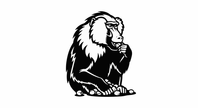 A black and white illustration of a baboon sitting and eating