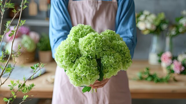 Florist holding green hydrangea bouquet in flower shop, floral design and lifestyle concept