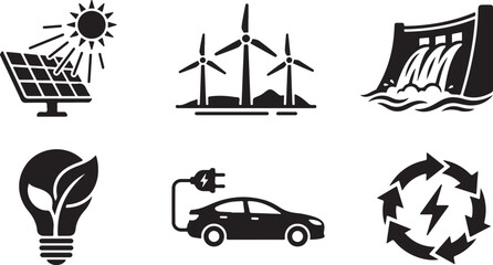 Fototapeta premium Renewable energy symbols including solar panel wind turbines and dam with electric car and lightbulb Isolated on white background