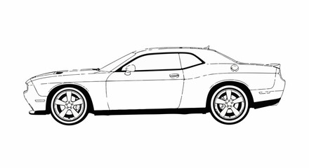 Fototapeta premium A black and white line drawing of a modern sports coupe, side view, with detailing on wheels and body