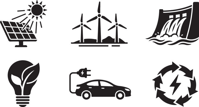 Renewable energy symbols including solar panel wind turbines and dam with electric car and lightbulb Isolated on white background