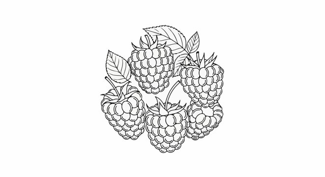 A black and white line drawing of five ripe raspberries with leaves