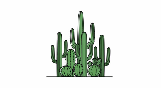 A cluster of various green cactus plants with ribbed textures, standing tall