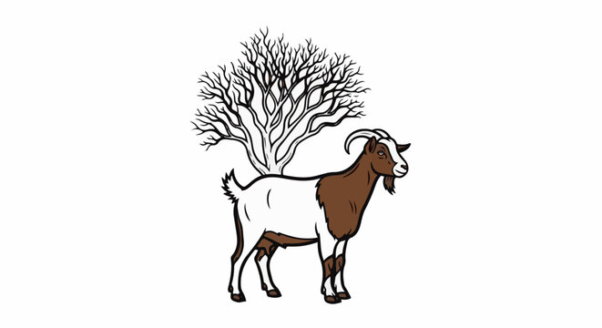 A brown and white goat stands before a bare tree