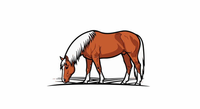 A brown horse with a white mane grazes in a field of grass