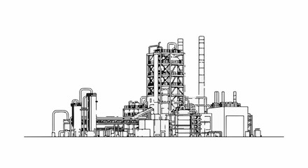 Fototapeta premium A detailed line drawing depicts an industrial complex with intricate piping and structures