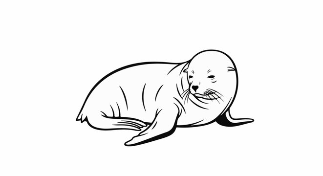 A black and white outline illustration of a seal resting on its side