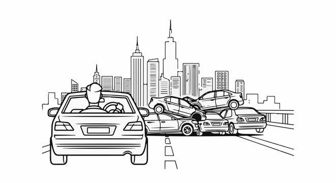 A car drives towards a chaotic pile of vehicles in a cityscape