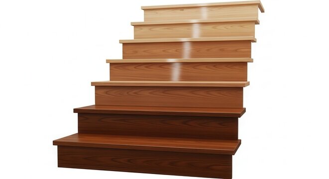 Elegant wooden staircase displaying a beautiful gradient of natural timber tones isolated on a