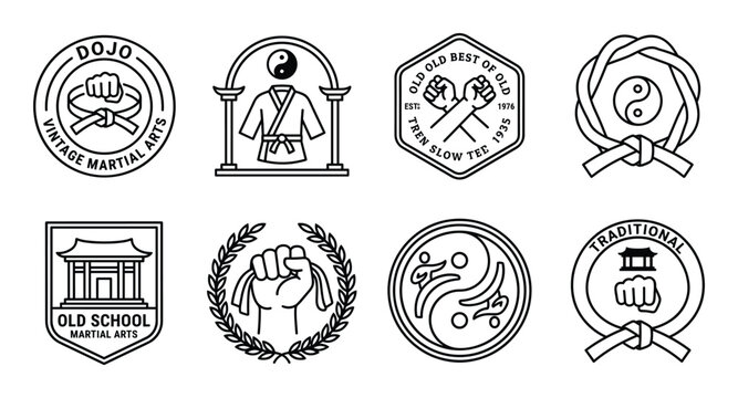 Set of martial arts icons and symbols line art isolated on transparent background.
