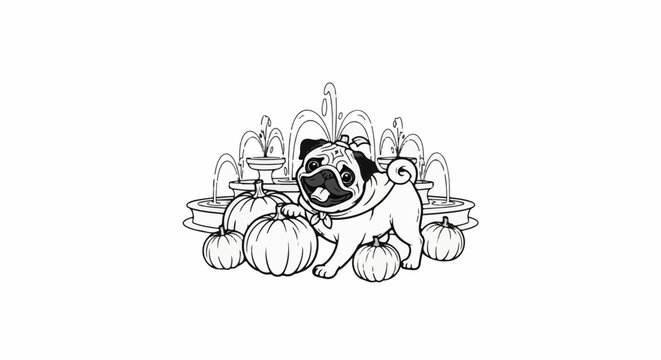 A cartoon pug playfully poses among pumpkins in front of a decorative fountain