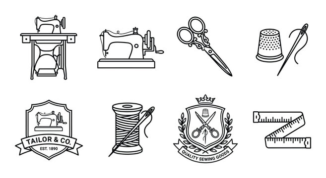 Sewing related icons featuring sewing machines scissors thimble needle thread spool and tailor emblems.