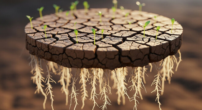 Earthy floating terrain slice with new growth for biophilic interior design concepts and sustainable architecture presentation materials with organic texture