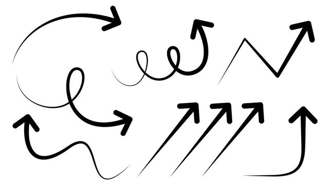 Animated collection of hand-drawn black arrows pointing in various directions on a clean white background motion graphic.
