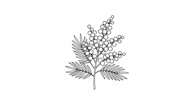 A delicate line drawing of a flowering branch with fuzzy clusters and feathery leaves