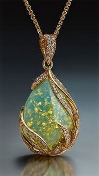 Haute joaillerie pendant with natural fire opal in organic matrix, flowing yellow gold with ripple patterns, white diamond accents, soft luminous lighting, refined Italian engraving craftsmanship