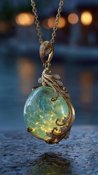 Haute joaillerie pendant with natural fire opal in organic matrix, flowing yellow gold with ripple patterns, white diamond accents, soft luminous lighting, refined Italian engraving craftsmanship