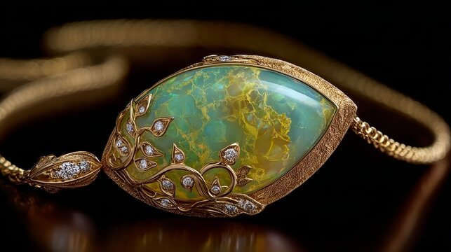 Haute joaillerie pendant with natural fire opal in organic matrix, flowing yellow gold with ripple patterns, white diamond accents, soft luminous lighting, refined Italian engraving craftsmanship