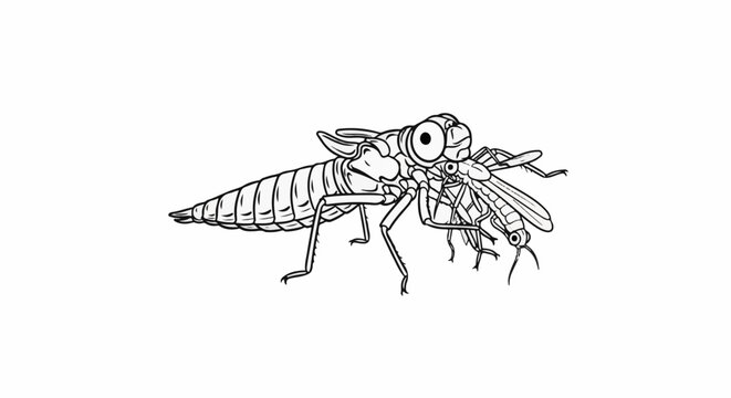 A detailed black and white illustration of a dragonfly nymph capturing a mosquito