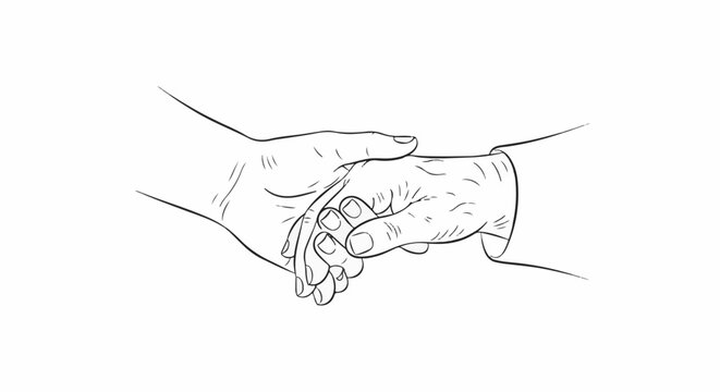 A close-up line drawing of two hands gently shaking