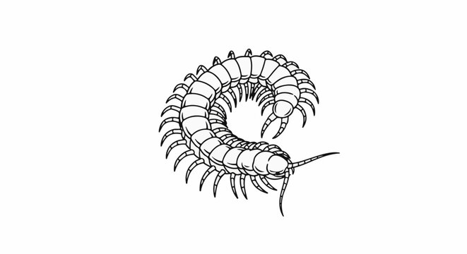 A detailed black and white illustration of a centipede coiled in a circular shape