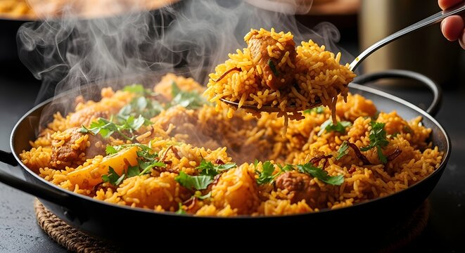 A steaming pan of freshly cooked chicken biryani with aromatic basmati rice, garnished with fresh cilantro and fried onions, closeup shot