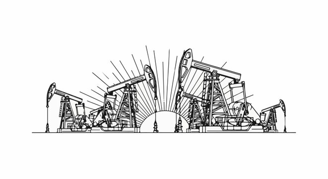 A line drawing of oil pumpjacks arranged in a semi-circle with a radiating sun-like pattern behind them