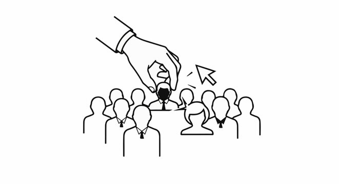 A hand selects a person from a group with a cursor pointing